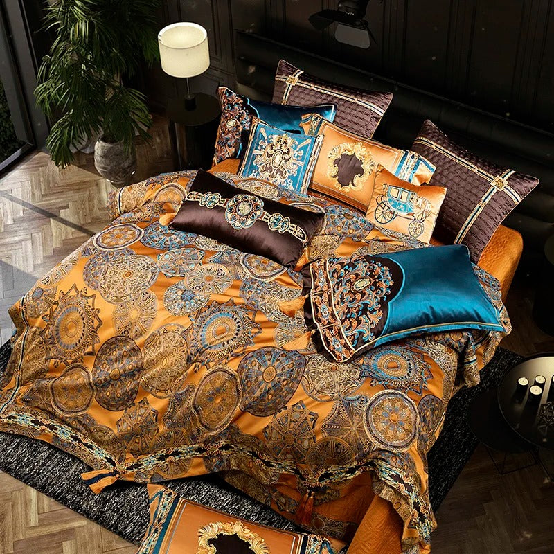 Jacquard Bedding Set with Golden and Teal Embroidery - 1500TC Egyptian Cotton