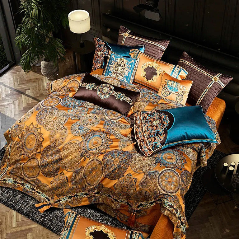 Jacquard Bedding Set with Golden and Teal Embroidery - 1500TC Egyptian Cotton