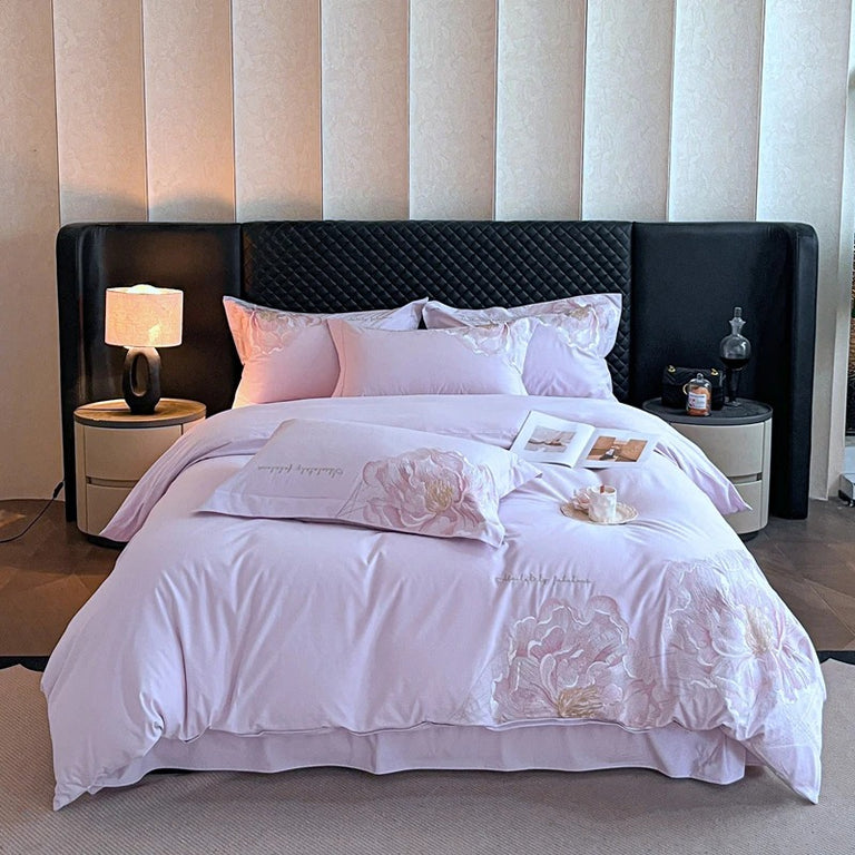 Luxury Modern Embroidered Pink Floral Bedding Set with Duvet Cover - 600TC