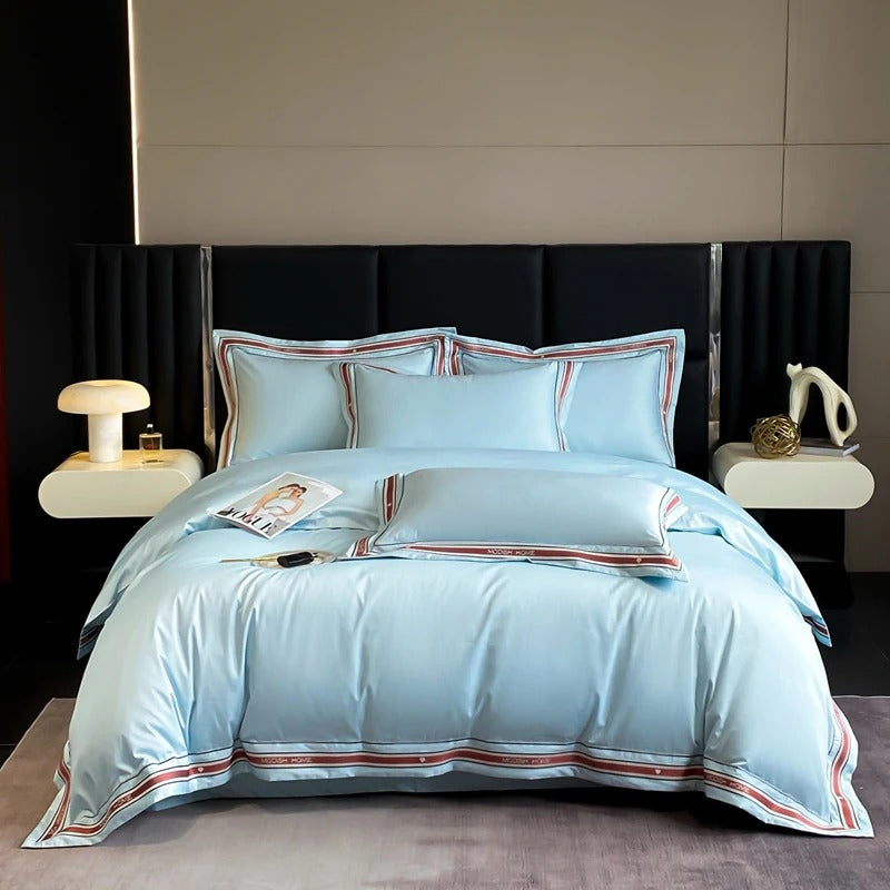 White Embroidered Bedding Set with Red & Grey Trim - 1000TC 