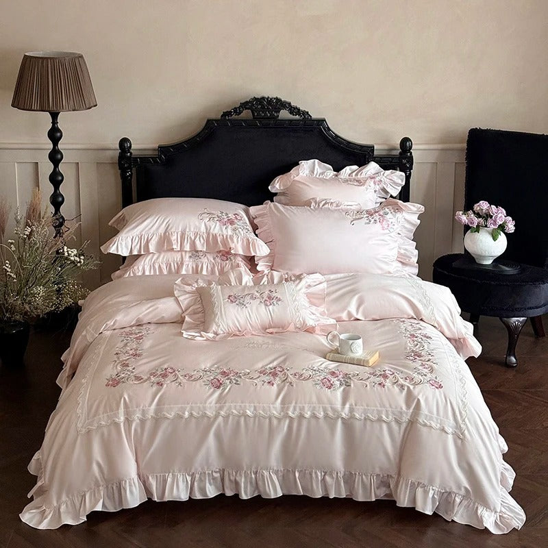Rose Embroidery Lace Egyptian Cotton Bedding Sets