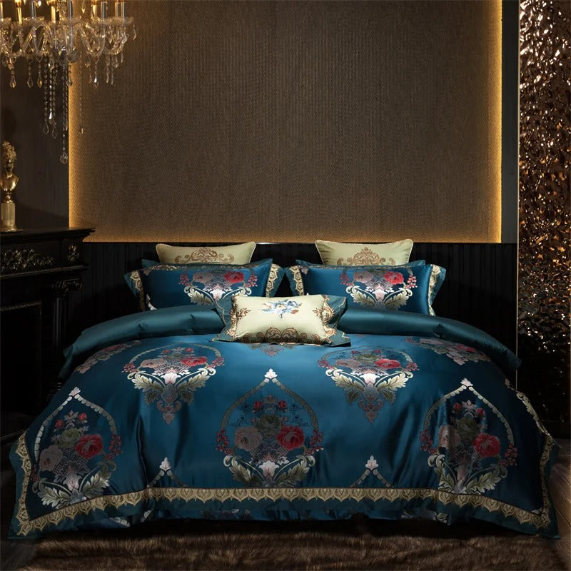 Teal Blue Barooq Floral Embroidered Bedding Set with Duvet Cover - 1000TC