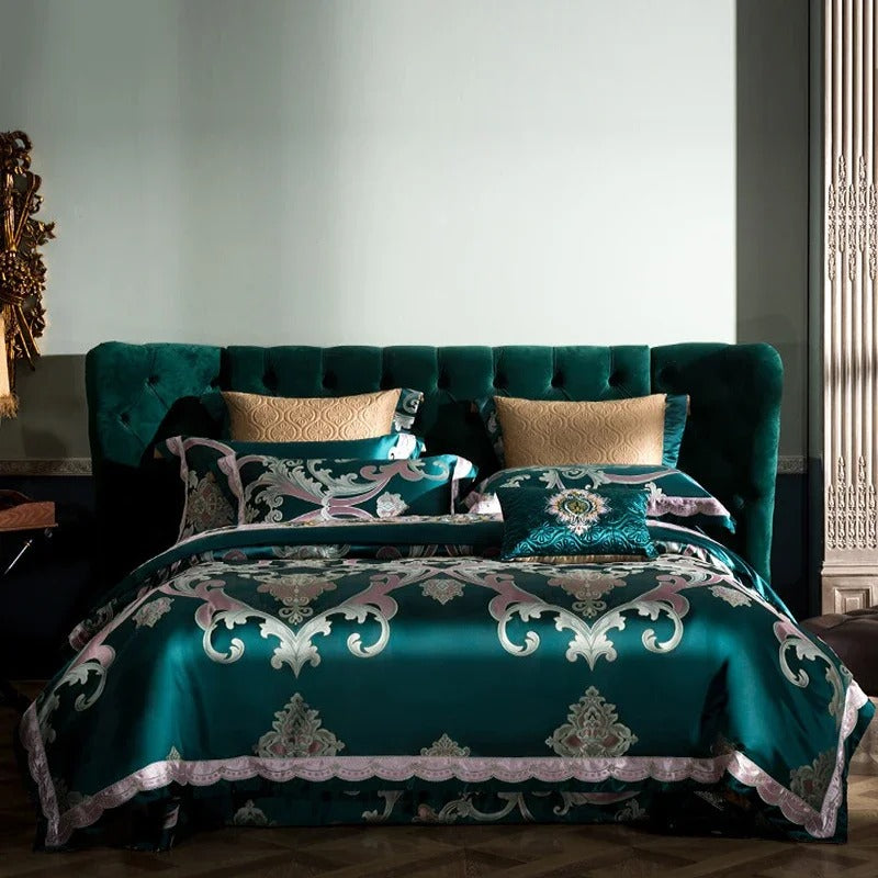 Teal Satin Bedding Set with Embroidered Pink Floral Motifs - 1200TC