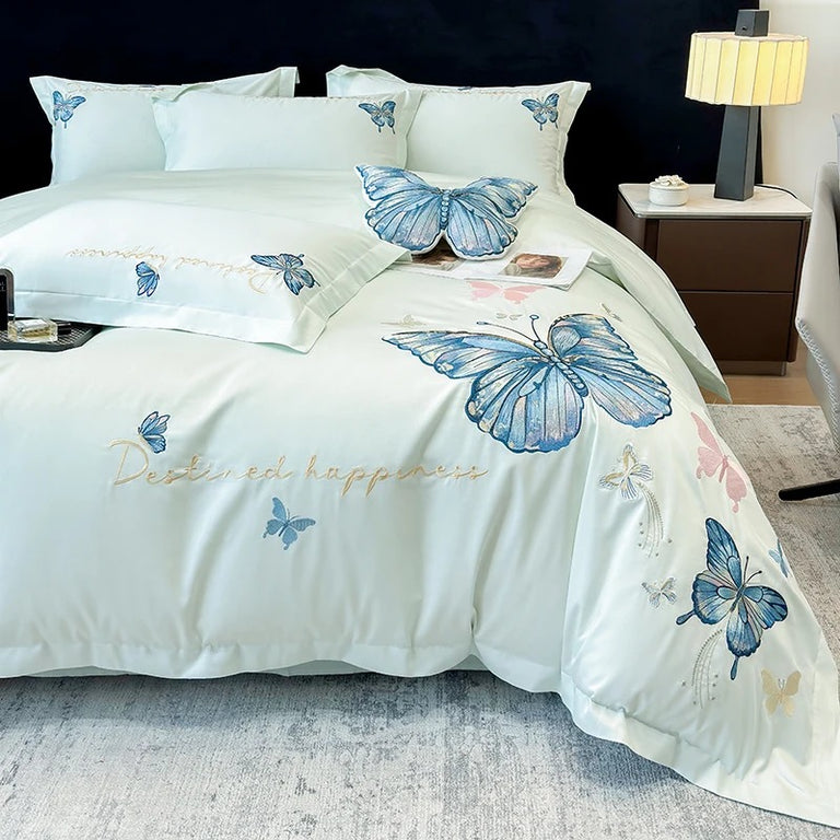 Butterfly Embroidery Egyptian Cotton Bedding Set with Duvet Cover - 900TC