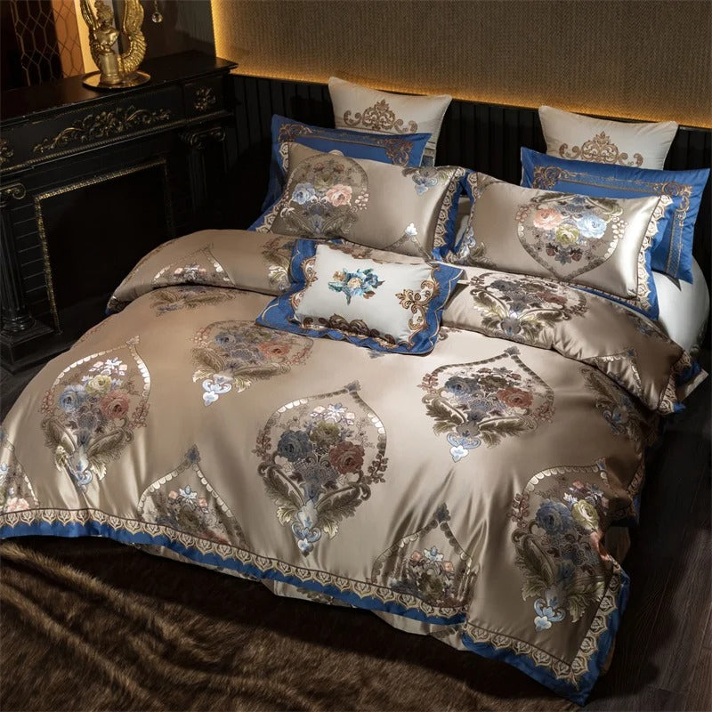Royal Blue and Beige Floral Embroidered Bedding Set with Duvet Cover - 1000TC