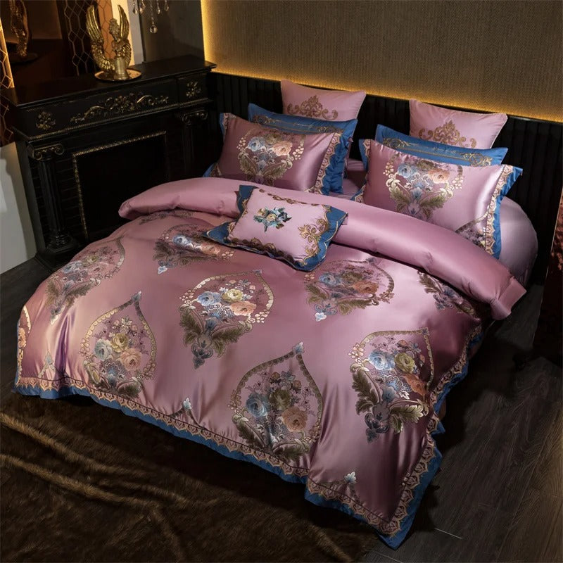 Royal Pink Floral Embroidery Bedding Set with Duvet Cover - 1000TC