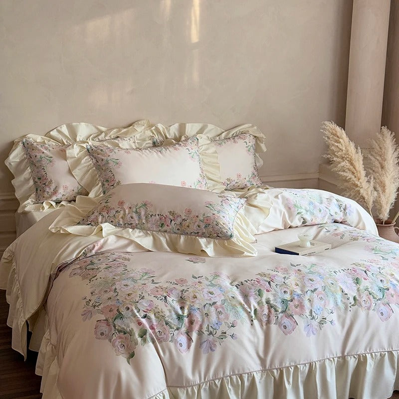 Egyptian Cotton Floral Satin Bed Sheet Set with Duvet Cover- 1000TC