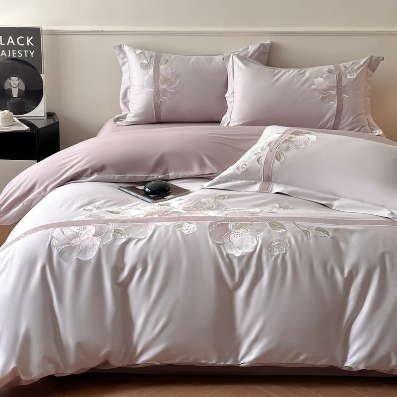 Luxury Blue Satin Bedding Set with Silver Floral Embroidery - 600TC