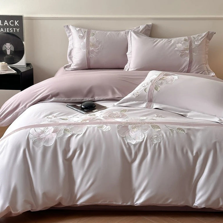 Luxury Blue Satin Bedding Set with Silver Floral Embroidery - 600TC