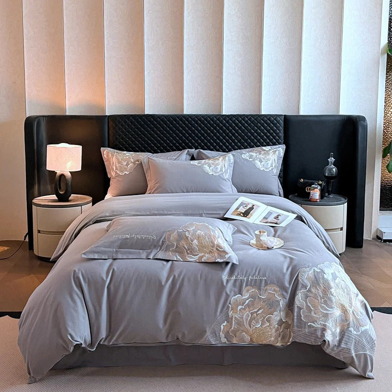 Luxury Modern Embroidered Pink Floral Bedding Set with Duvet Cover - 600TC