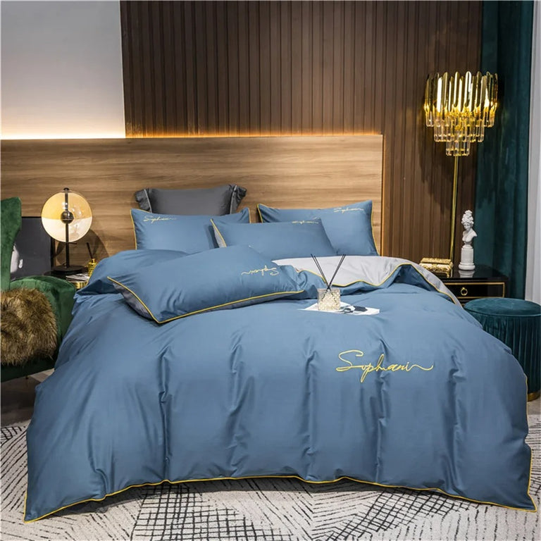 Black Bedding Set with Gold Piping & Signature Embroidery - 400TC