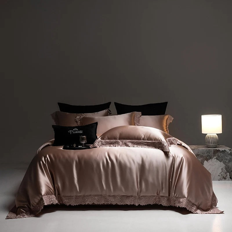 Champagne Gold Egyptian Cotton Lace Bedding Set with Duvet Cover - 1000TC