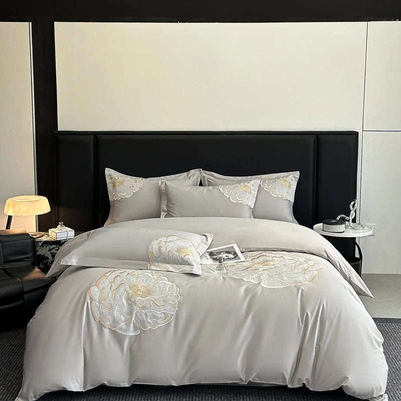 Embroidered Blue Satin Floral Bedding Set with Duvet Cover -  600TC