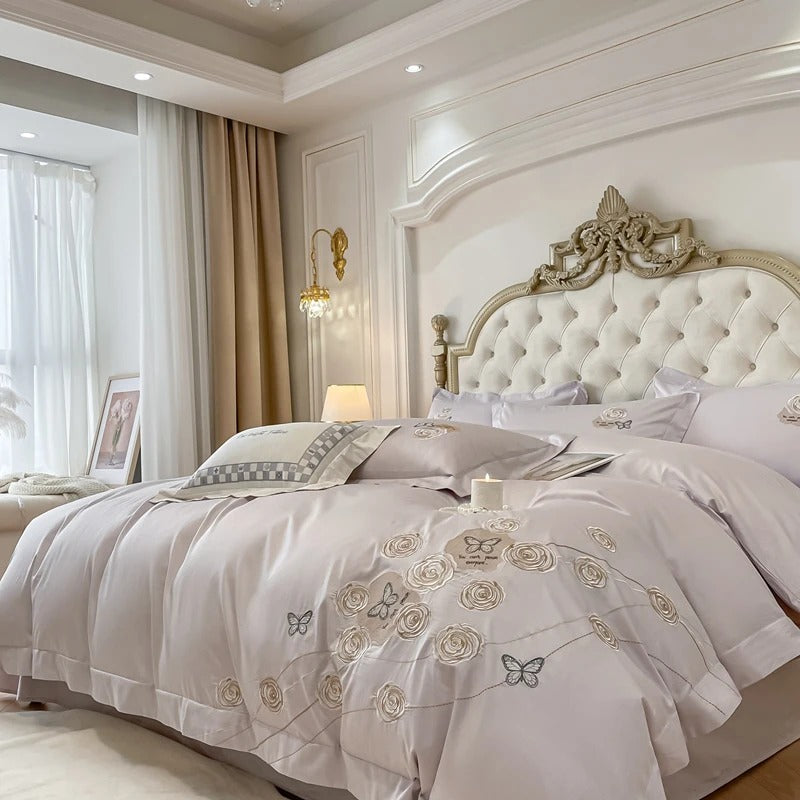 Elegant Rose and Butterfly  Embroidered Bedding Set with Duvet Cover - 600TC