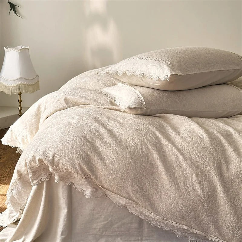Classic Beige Satin Bedding Set with Beautiful Lace Trim - 600TC