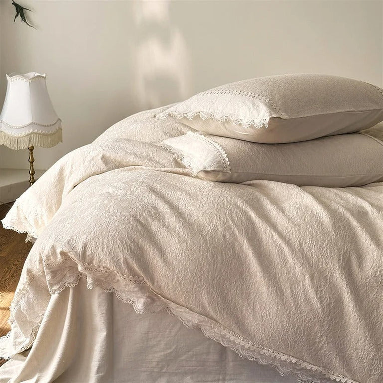 Classic Beige Satin Bedding Set with Beautiful Lace Trim - 600TC
