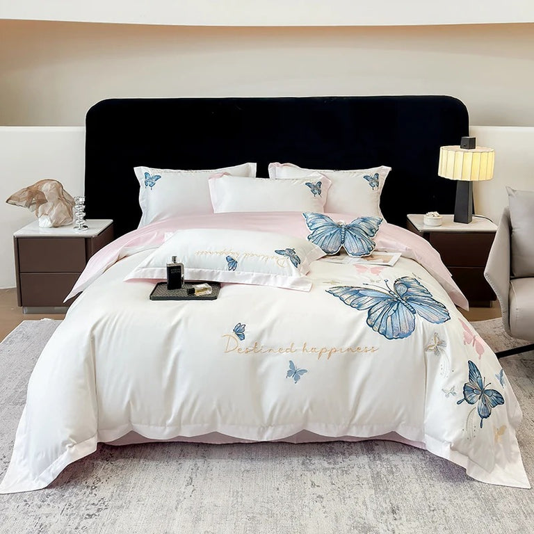 Butterfly Embroidery Egyptian Cotton Bedding Set with Duvet Cover - 900TC