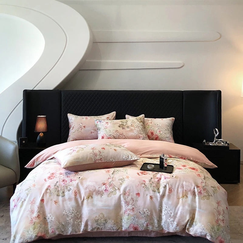 Pastel Floral Satin Egyptian Cotton Bedding Set - 700TC