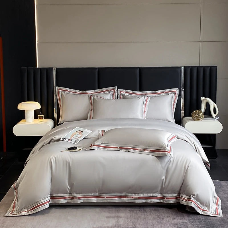 White Embroidered Bedding Set with Red & Grey Trim - 1000TC 