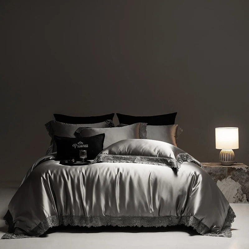 Champagne Gold Egyptian Cotton Lace Bedding Set with Duvet Cover - 1000TC