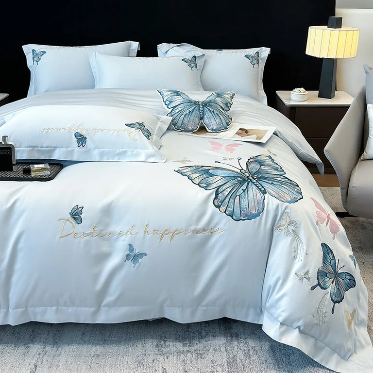 Butterfly Embroidery Egyptian Cotton Bedding Set with Duvet Cover - 900TC