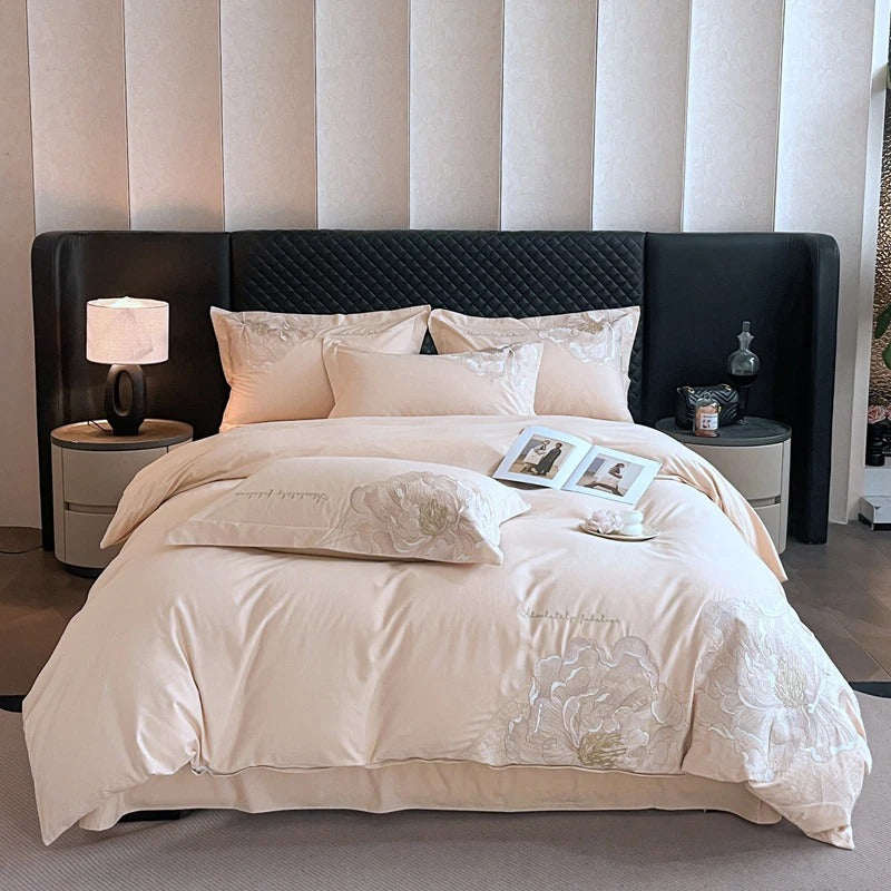 Luxury Modern Embroidered Pink Floral Bedding Set with Duvet Cover - 600TC