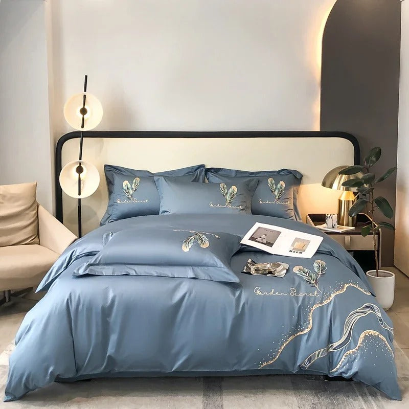 Feather-Embroidered Beige Satin Bedding Set with Duvet Cover - 600TC