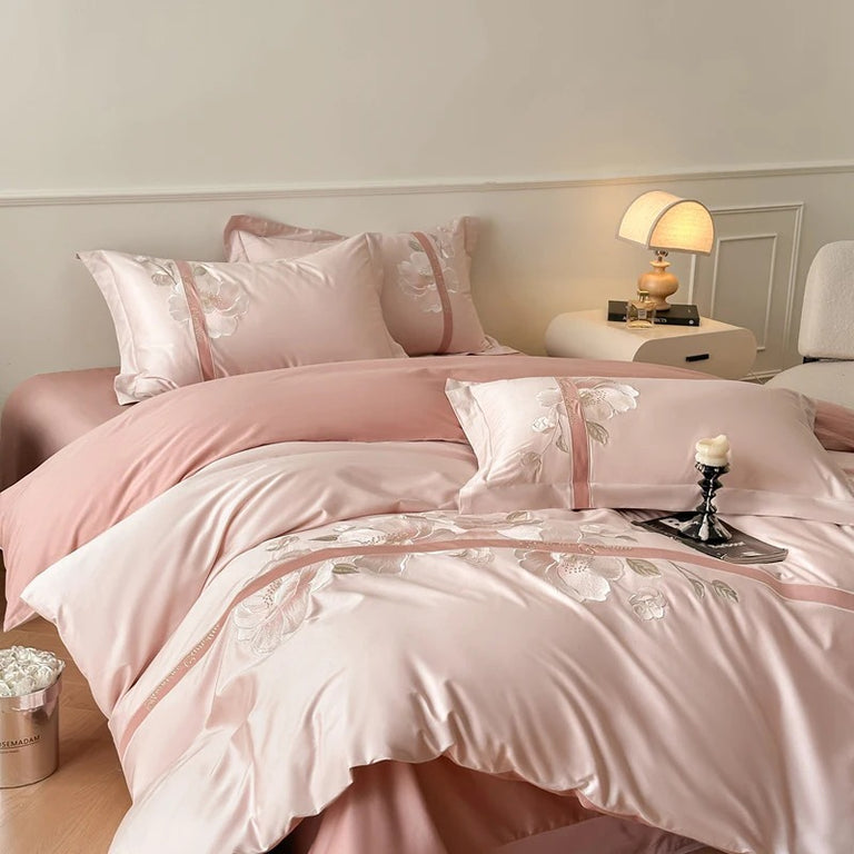 Luxury Blue Satin Bedding Set with Silver Floral Embroidery - 600TC