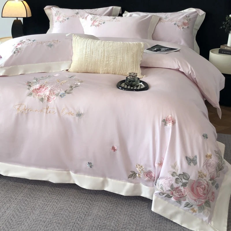 Pastel Blue Floral Embroidery Cotton Bedding Set with Duvet Cover - 900TC