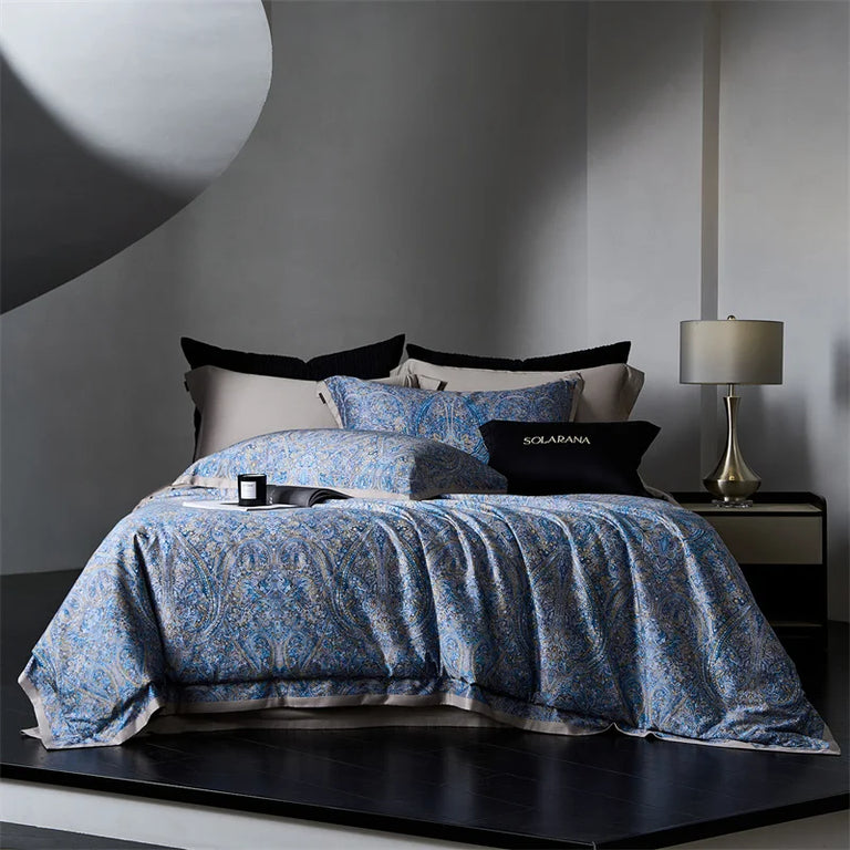 Paisley Egyptian Cotton Bedding Set 1000TC | Blue Paisley on double bed