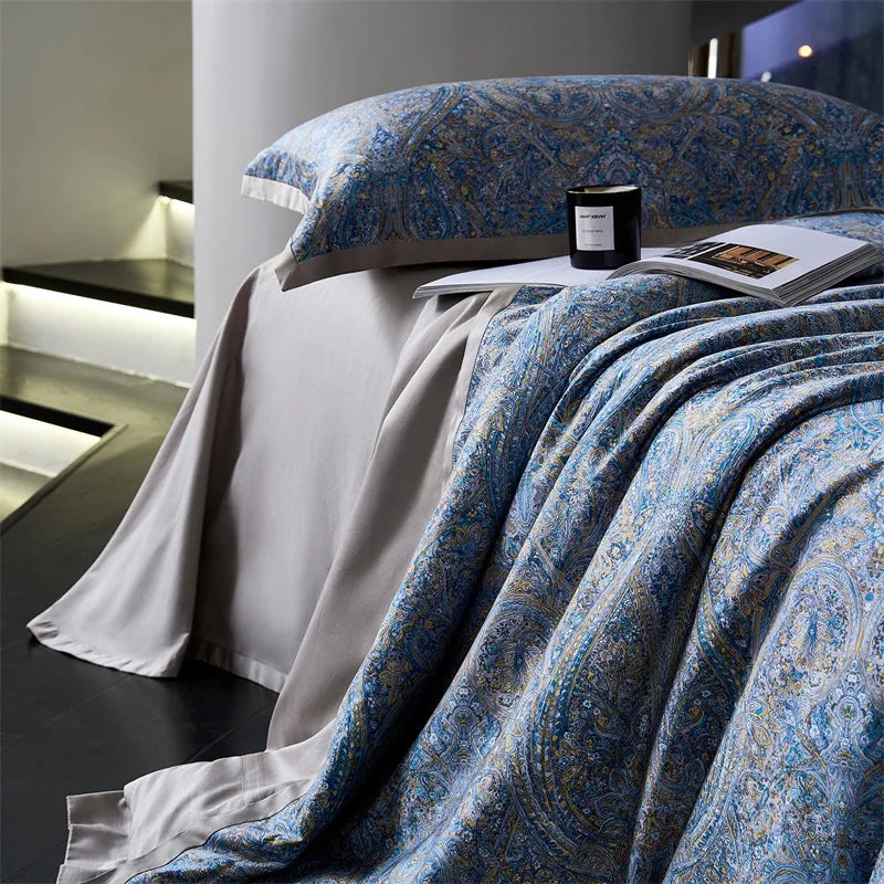 Paisley Egyptian Cotton Bedding Set 1000TC | Blue Paisley duvet cover and grey sheet