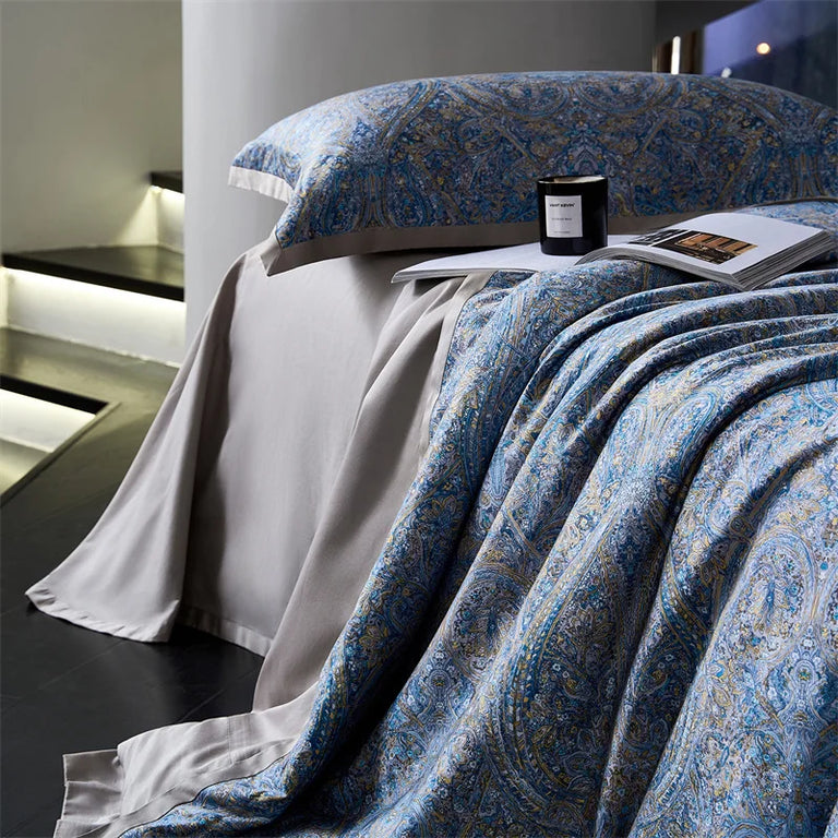 Paisley Egyptian Cotton Bedding Set 1000TC | Blue Paisley duvet cover and grey sheet