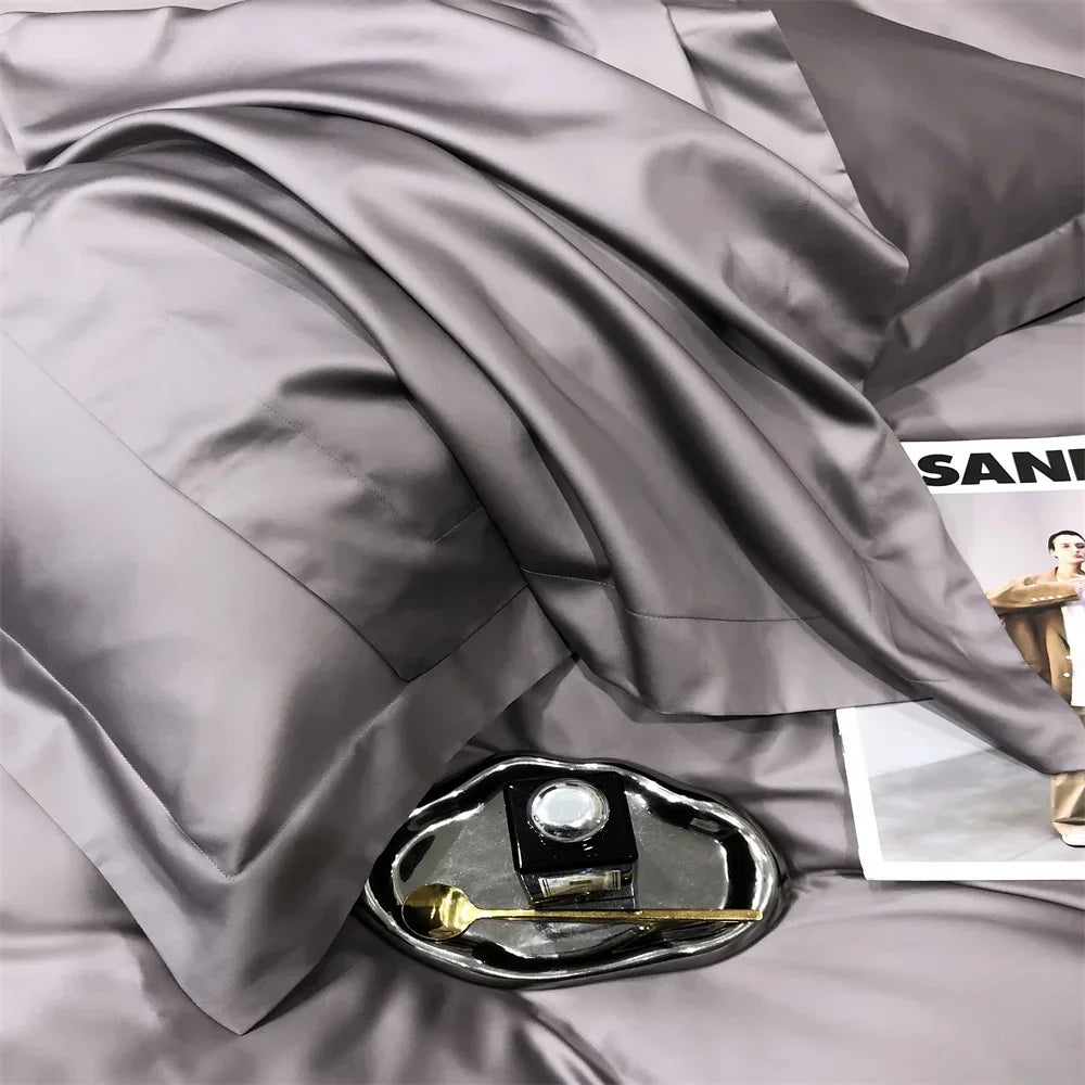 Plain Egyptian Cotton Bedding Set 800TC | Lilac Grey sateen sheen detail