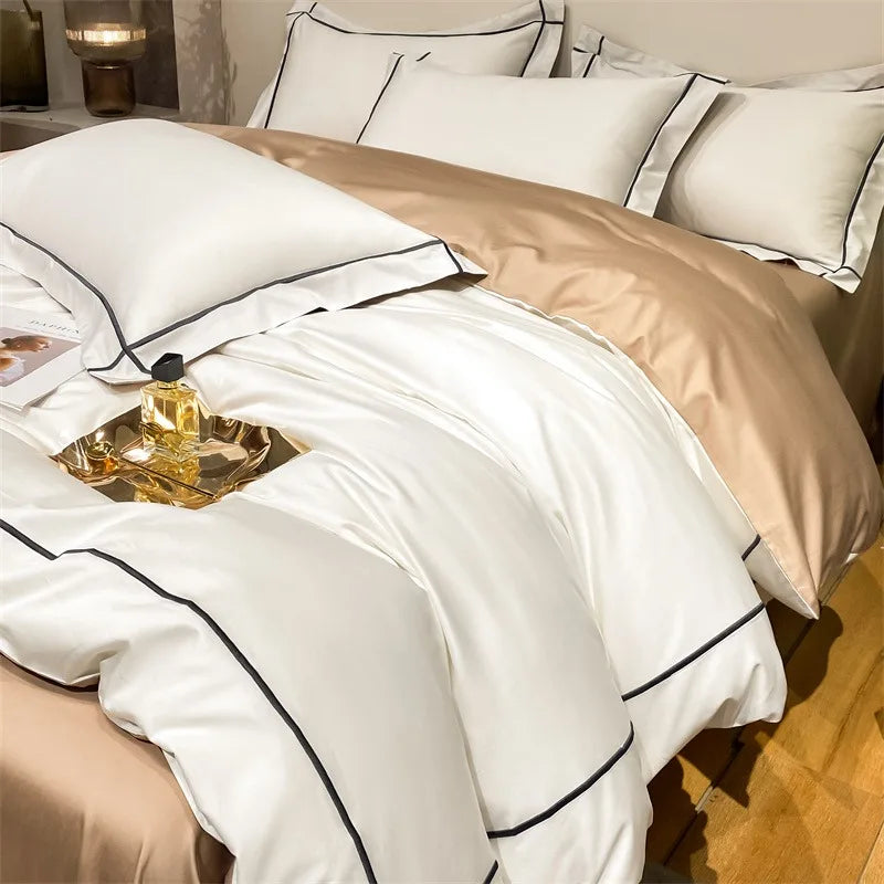 Plain Egyptian Cotton Bedding Set 800TC | Pearl White duvet cover with champagne sheet