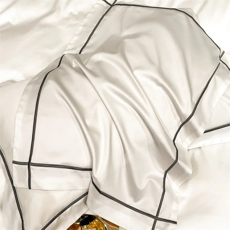 Plain Egyptian Cotton Bedding Set 800TC | Pearl White grey border close up