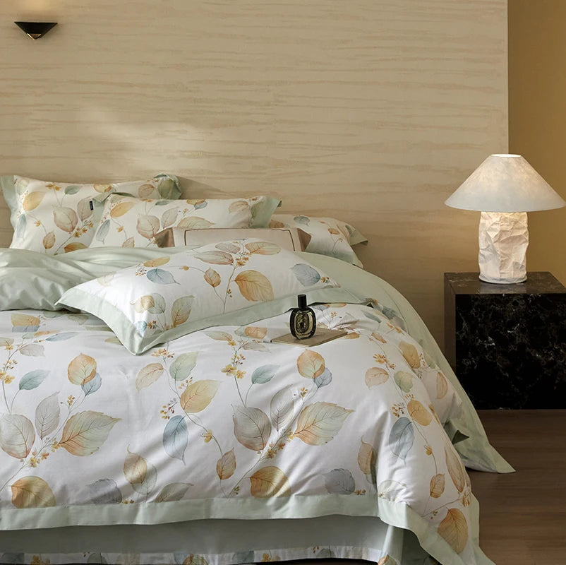 Printed Cotton Bedding Set 600TC | Mint Leaf duvet cover angle view