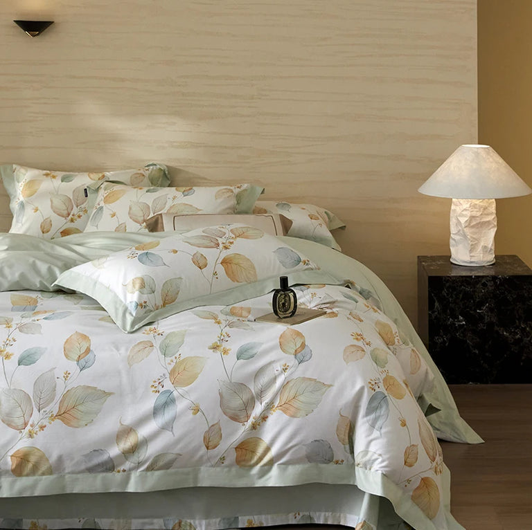 Printed Cotton Bedding Set 600TC | Mint Leaf duvet cover angle view