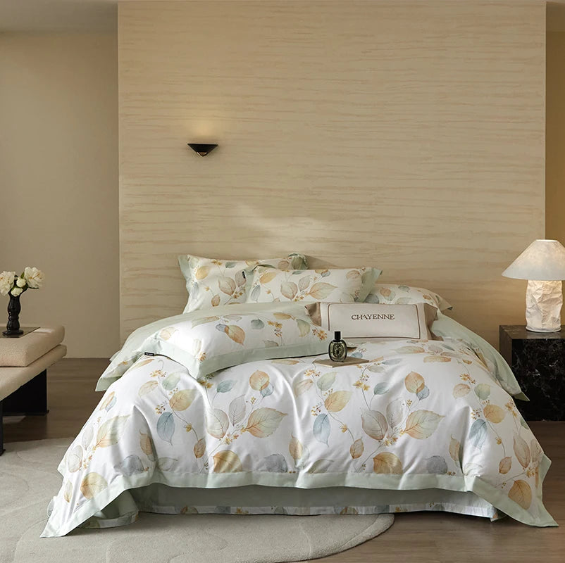 Printed Cotton Bedding Set 600TC | Mint Leaf on double bed