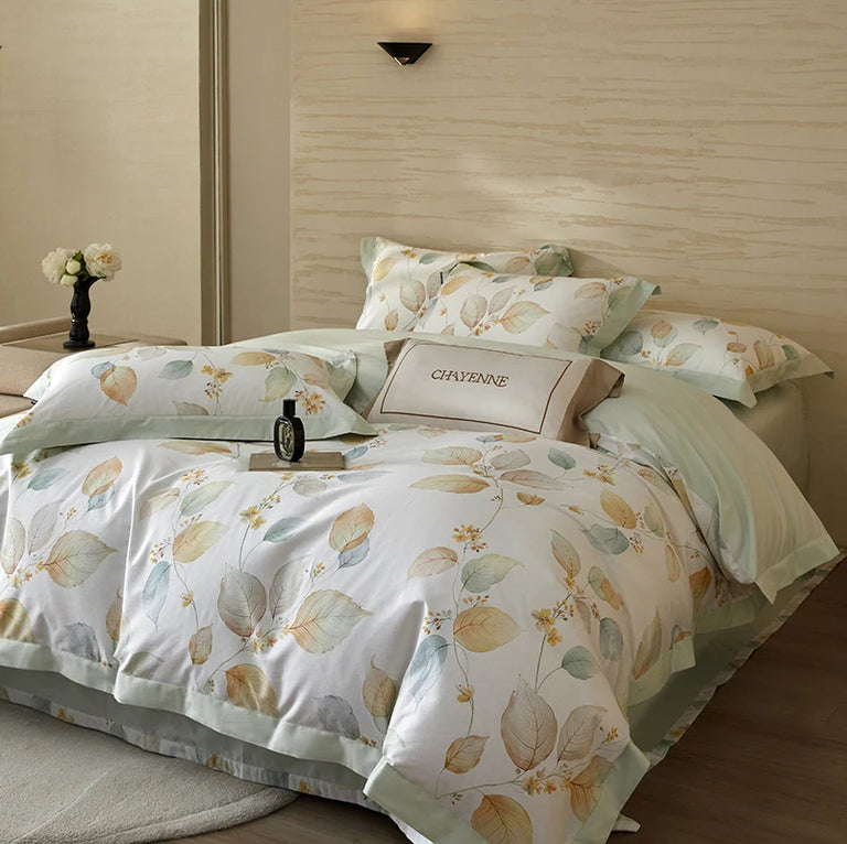 Printed Cotton Bedding Set 600TC | Mint Leaf duvet cover front view