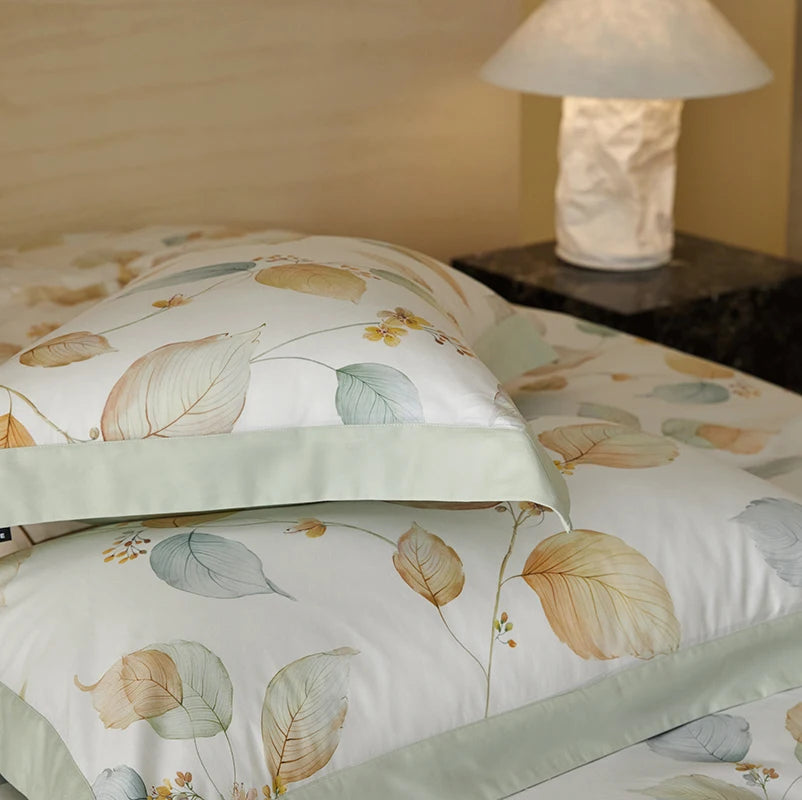 Printed Cotton Bedding Set 600TC | Mint Leaf pillowcase close up