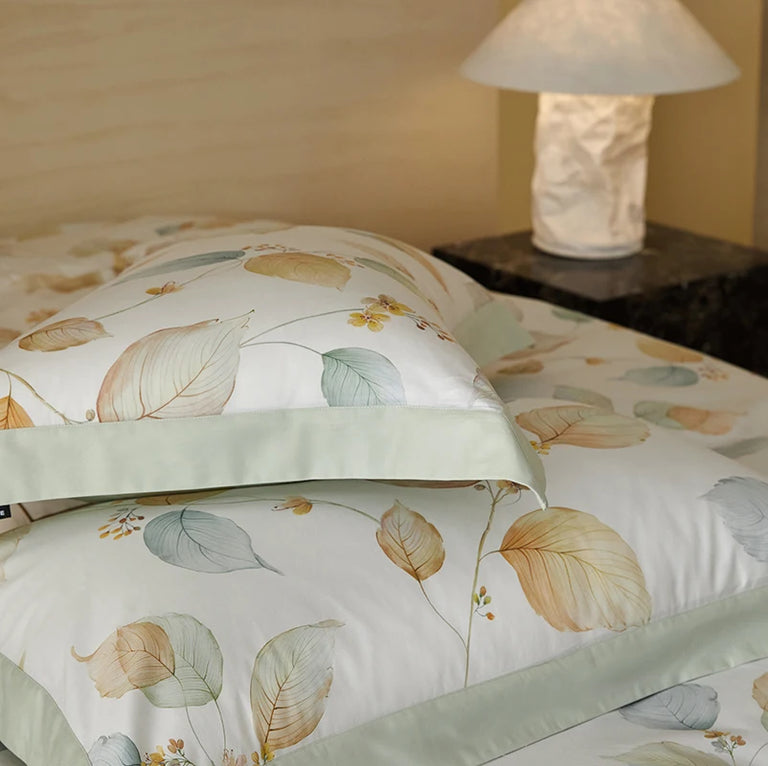 Printed Cotton Bedding Set 600TC | Mint Leaf pillowcase close up