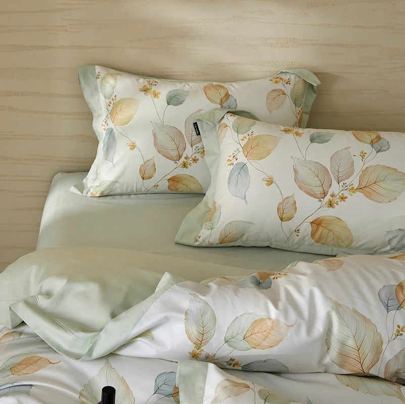 Printed Cotton Bedding Set 600TC | Mint Leaf pillowcases with mint sheet
