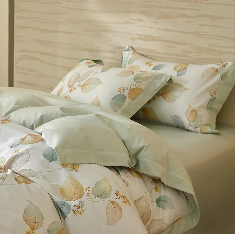 Printed Cotton Bedding Set 600TC | Mint Leaf bedding side view