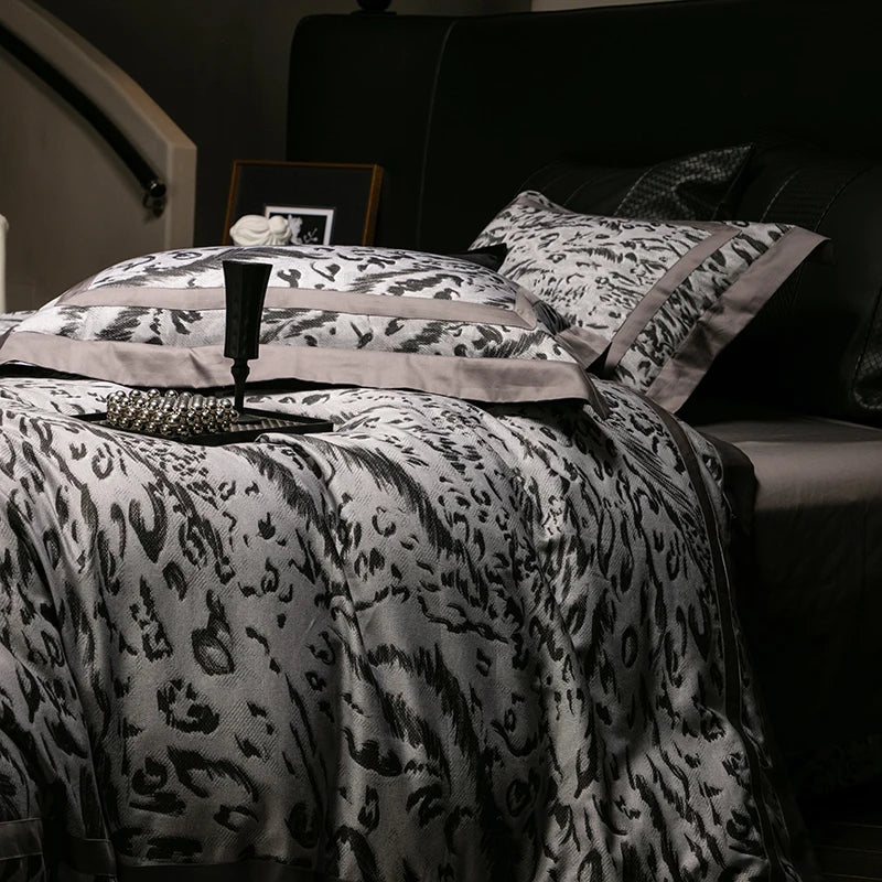 Printed Egyptian Cotton Bedding Set 1000TC | Grey Wild Print on double bed