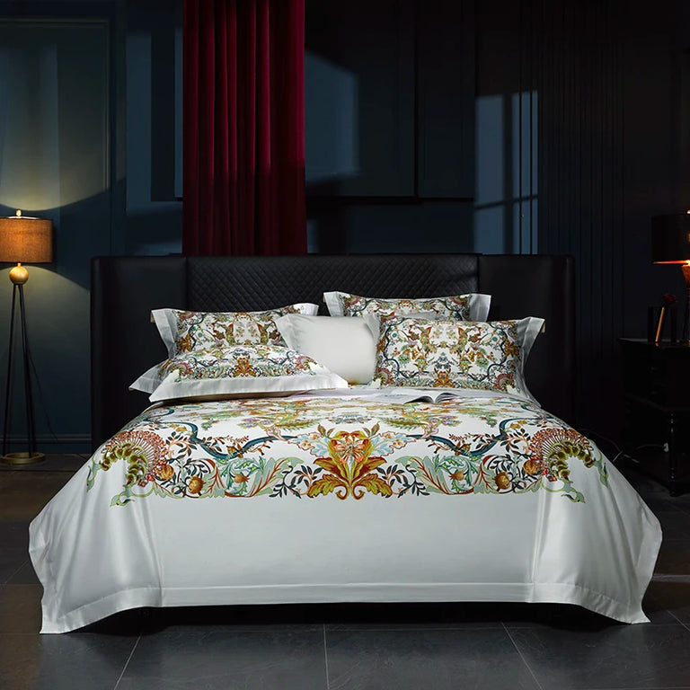 Printed Egyptian Cotton Bedding Set 1000TC | Heritage Prints in White Garden