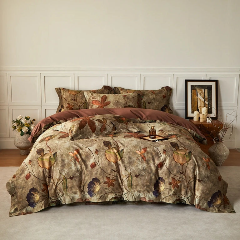 Printed Egyptian Cotton Bedding Set 1200TC | Autumn Leaf on double bed
