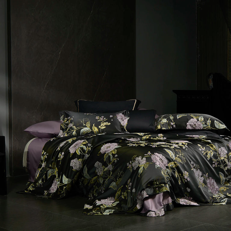 Printed Egyptian Cotton Bedding Set 1200TC | Black Peony on double bed