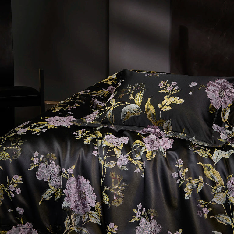 Printed Egyptian Cotton Bedding Set 1200TC | Black Peony duvet cover and pillowcase close up