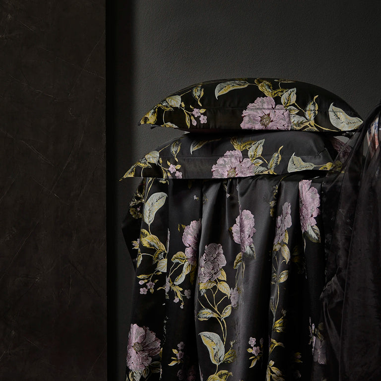 Printed Egyptian Cotton Bedding Set 1200TC | Black Peony pillowcase and duvet cover draped
