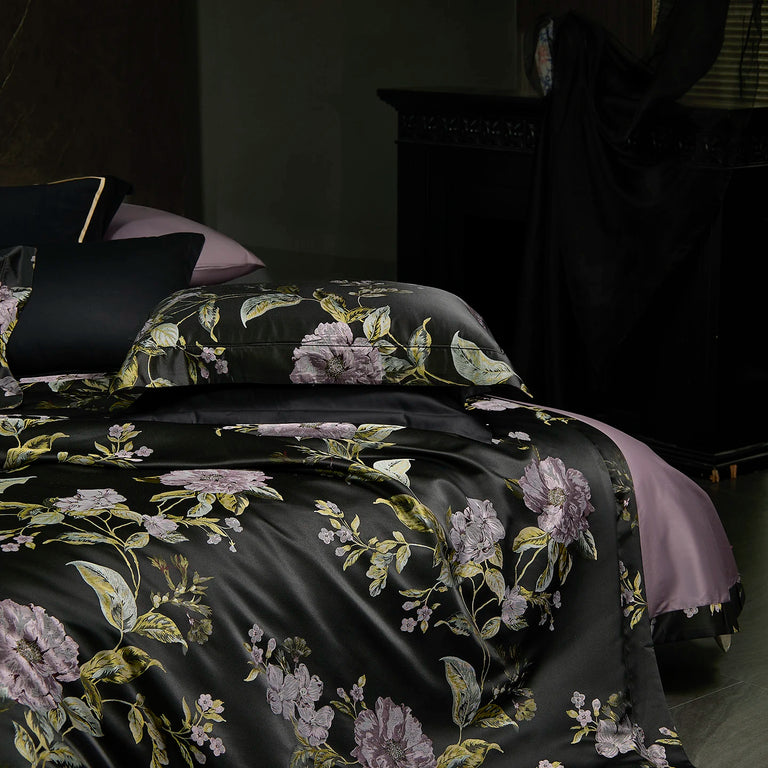 Printed Egyptian Cotton Bedding Set 1200TC | Black Peony duvet cover print close up